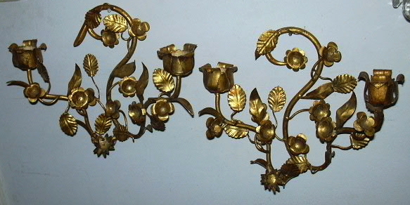 Italian Florentine Pair Gold Gilt Sconce Lighting Wall Candleholder Italian Florentine Pair Gold Gilt Sconce Lighting Wall Candleholder
