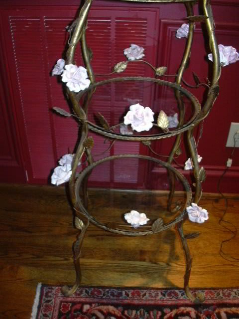 Italian Florentine Large Gilt Metal Etagere With Porcelain Flowers Italian Florentine Large Gilt Metal Etagere With Porcelain Flowers