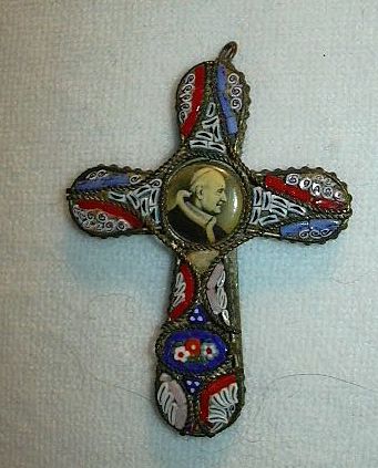 Old Mosaic & Micromosaic Religious Cross With Pope Cameo Old Mosaic & Micromosaic Religious Cross With Pope Cameo