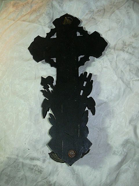 Old French Wall Crucifix & Holy Water Font Carved Wood Old French Wall Crucifix & Holy Water Font Carved Wood