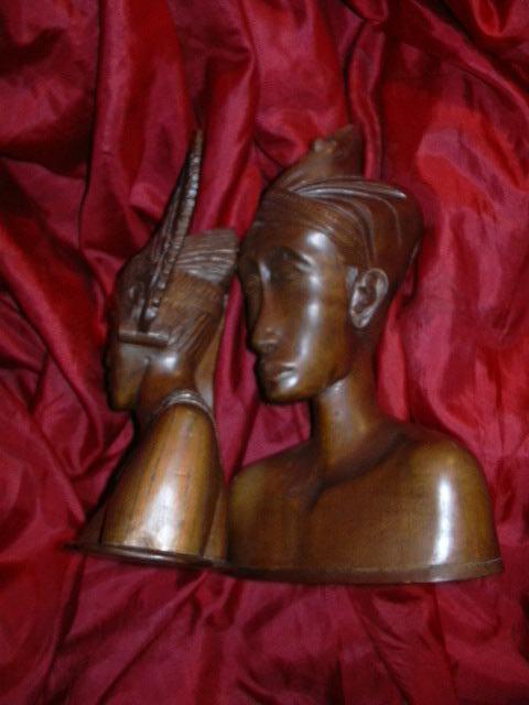 Hand Carved Wood Bust Man & Woman Kashmir India Indian Middle Eastern Woodcraft Statues Ethnic Native Costumes Hand Carved Wood Bust Man & Woman Kashmir India Indian Middle Eastern Woodcraft Statues Ethnic Native Costumes