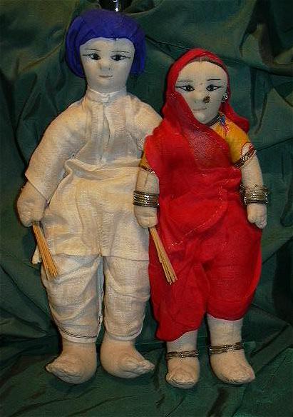 Pair Vintage Cloth Dolls of India Lady & Man Fine Textile Indian Art Pair Vintage Cloth Dolls of India Lady & Man Fine Textile Indian Art