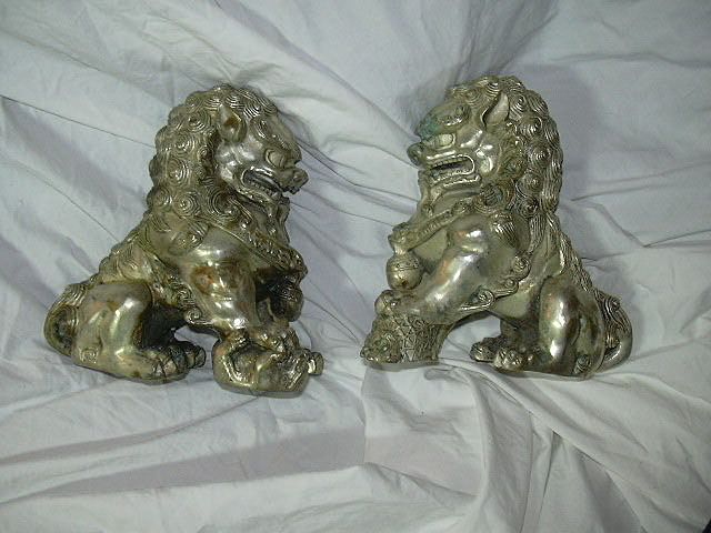 Old Silver Metal Foo Dogs Snow Lions Tibet China Statue Old Silver Metal Foo Dogs Snow Lions Tibet China Statue