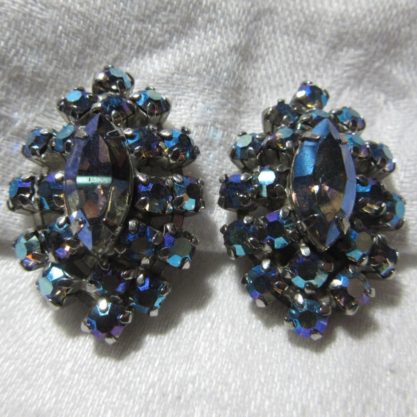 Vintage Blue Aurora Rhinestone Clip Earrings Vintage Blue Aurora Rhinestone Clip Earrings