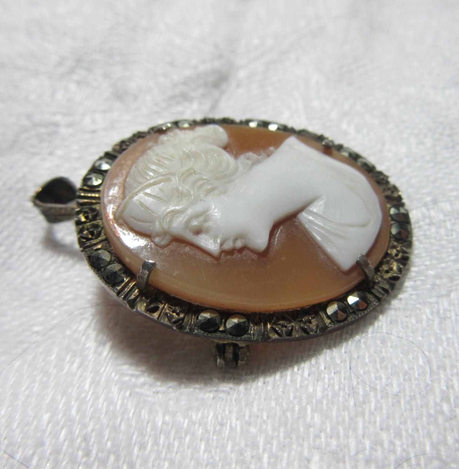 Old Cameo Brooch Pendant With Marcasites Old Cameo Brooch Pendant With Marcasites