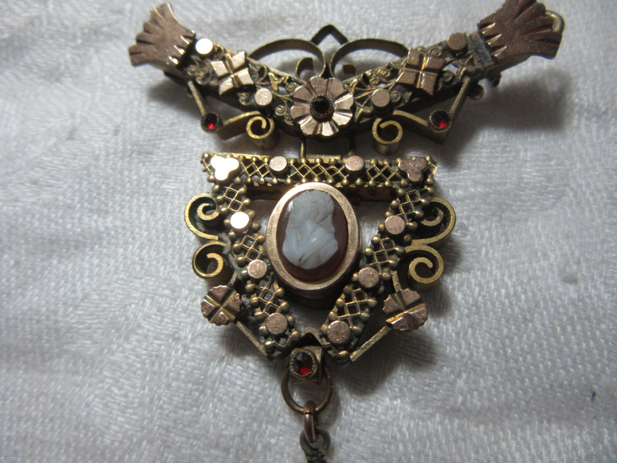 Victorian Pin Carved Shell Cameo & Garnets Fine Antique Jewelry Victorian Pin Carved Shell Cameo & Garnets Fine Antique Jewelry