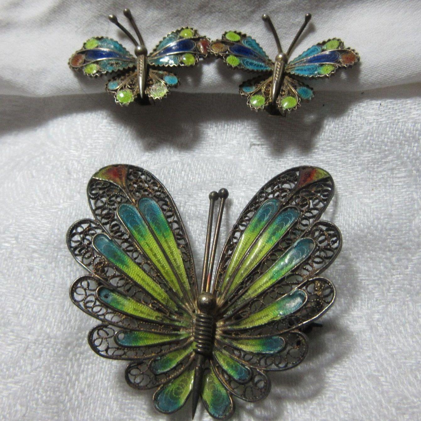 Enamel On 800 Silver Filigree Butterfly PIn & Earring Set Demi Parure Enamel On 800 Silver Filigree Butterfly PIn & Earring Set Demi Parure