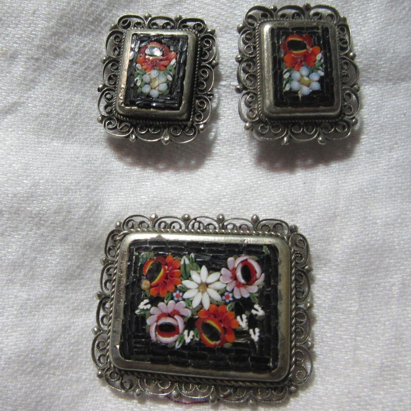 Mosaic Pin & Earring Set Vintage Italy Fine Costume Jewelry Mosaic Pin & Earring Set Vintage Italy Fine Costume Jewelry