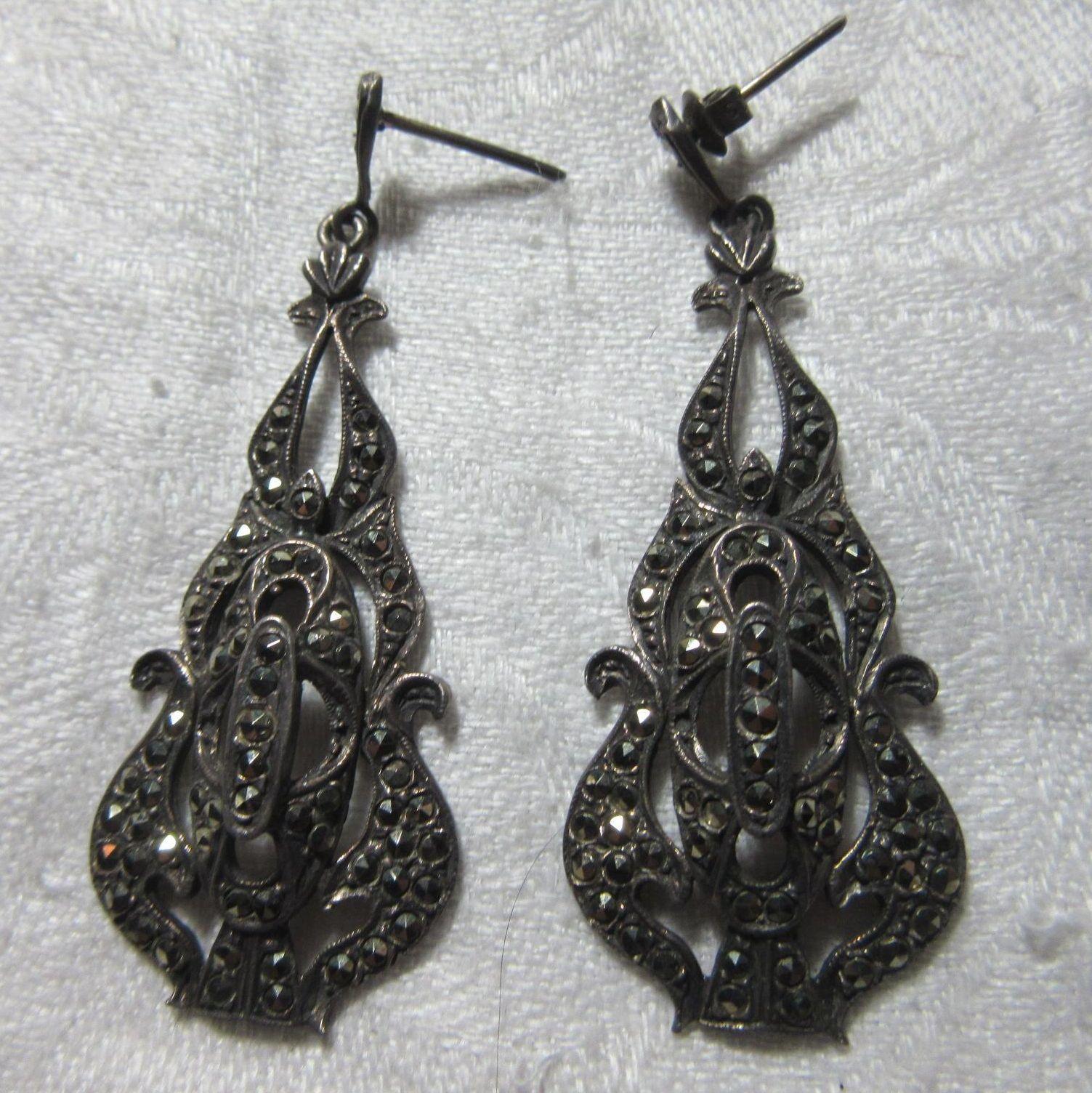 Vintage Sterling Silver & Marcasite Pierced Earrings Fine Costume Jewelry Vintage Sterling Silver & Marcasite Pierced Earrings Fine Costume Jewelry