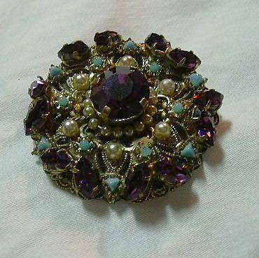 Austria Brooch Pin Purple & Turquoise Stones Austria Brooch Pin Purple & Turquoise Stones