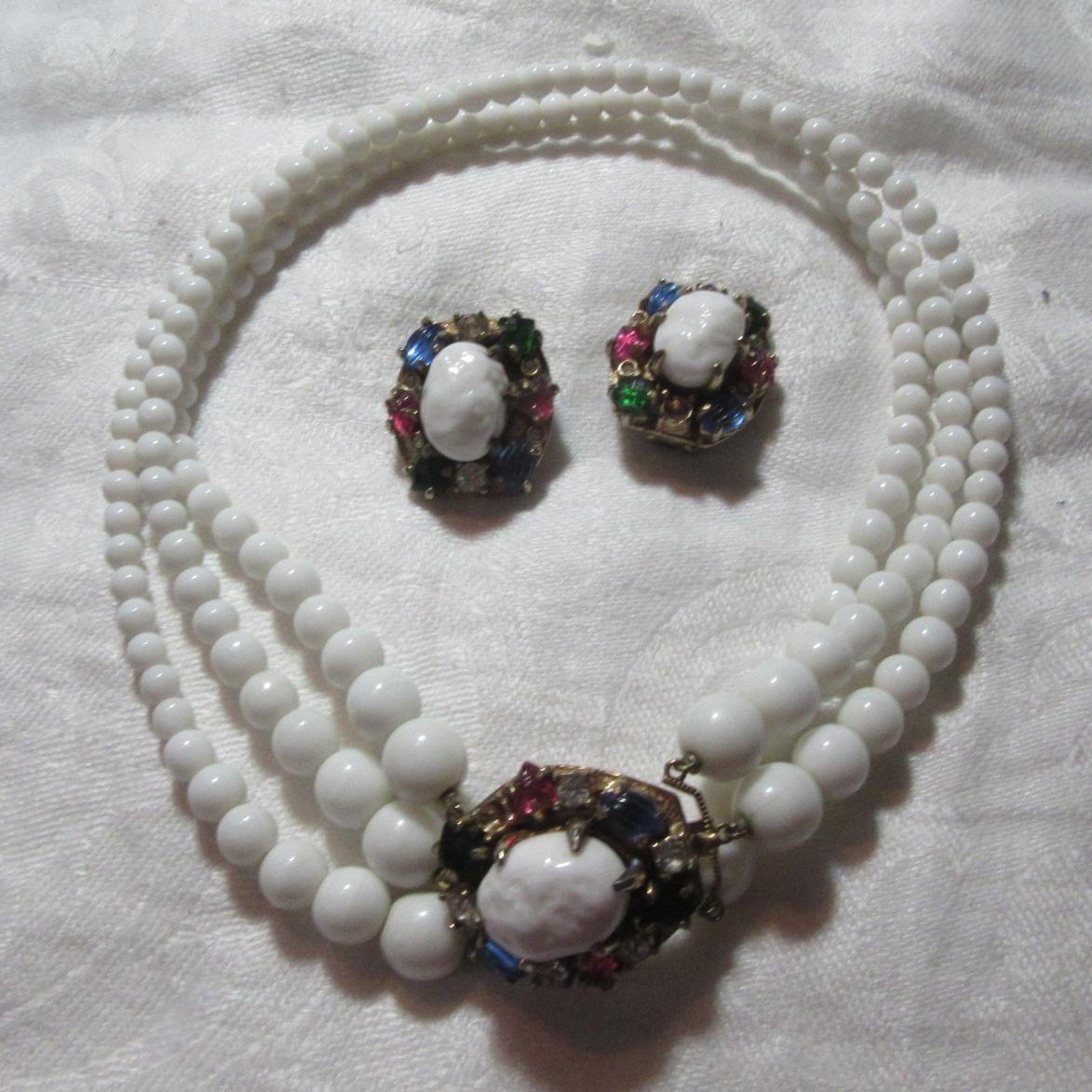 Michael Paul White Milk Glass Beads Necklace Earring Set Colored Stones Michael Paul White Milk Glass Beads Necklace Earring Set Colored Stones