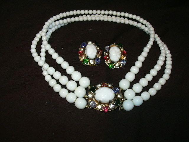 Michael Paul White Milk Glass Beads Necklace Earring Set Colored Stones Michael Paul White Milk Glass Beads Necklace Earring Set Colored Stones