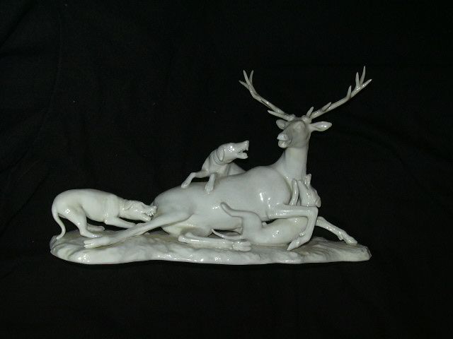 Nymphenburg Porcelain Rare Stag Deer With Wolves Hunting Figurine Nymphenburg Porcelain Rare Stag Deer With Wolves Hunting Figurine