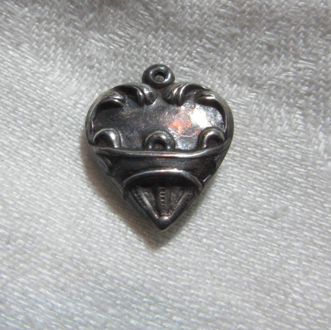 Sterling Silver Heart Charm Scroll & Repousse From An Old Necklace Of Fine Puffy Sterling Hearts Sterling Silver Heart Charm Scroll & Repousse From An Old Necklace Of Fine Puffy Sterling Hearts
