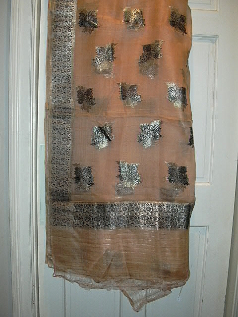 Vintage Indian Sari Peach Silk Chiffon & Silver Fine Textiles Fabric of India Vintage Indian Sari Peach Silk Chiffon & Silver Fine Textiles Fabric of India