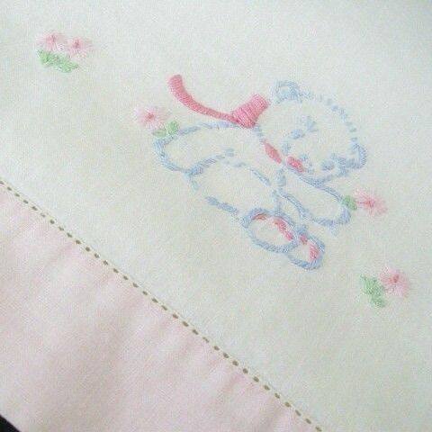 Embroidered Blue Bears Decorate 1940's Crib Coverlet Embroidered Blue Bears Decorate 1940's Crib Coverlet