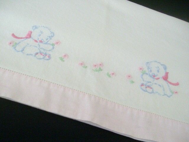 Embroidered Blue Bears Decorate 1940's Crib Coverlet Embroidered Blue Bears Decorate 1940's Crib Coverlet