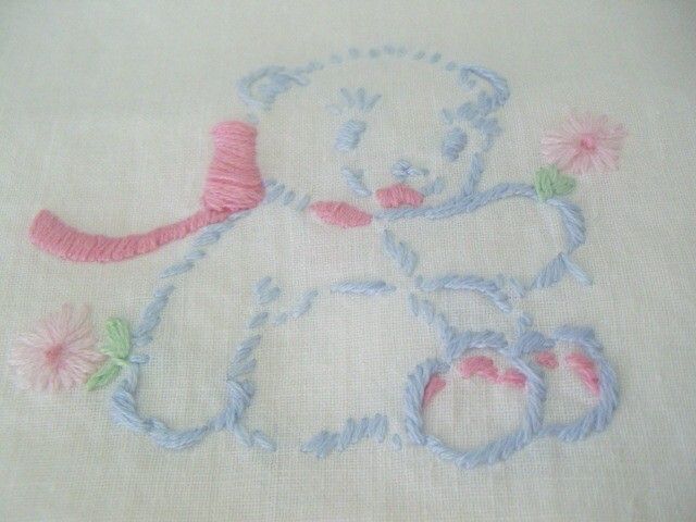 Embroidered Blue Bears Decorate 1940's Crib Coverlet Embroidered Blue Bears Decorate 1940's Crib Coverlet