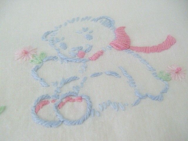 Embroidered Blue Bears Decorate 1940's Crib Coverlet Embroidered Blue Bears Decorate 1940's Crib Coverlet