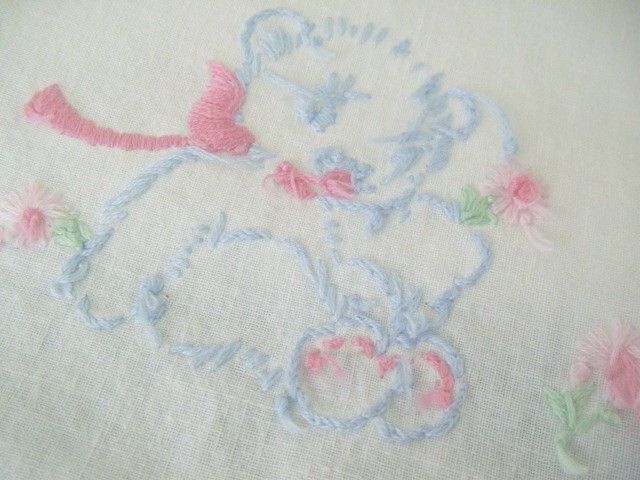 Embroidered Blue Bears Decorate 1940's Crib Coverlet Embroidered Blue Bears Decorate 1940's Crib Coverlet