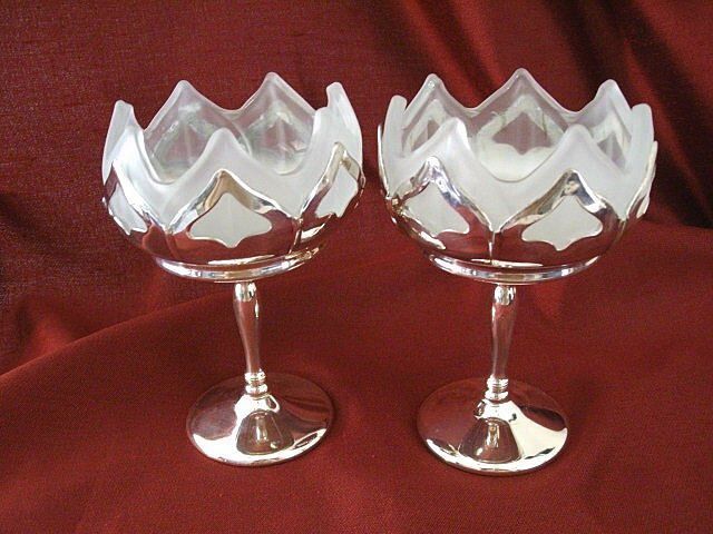Matching Farberware/Westmoreland Silver Plate Compotes With Lotus Satin Glass Inserts Matching Farberware/Westmoreland Silver Plate Compotes With Lotus Satin Glass Inserts