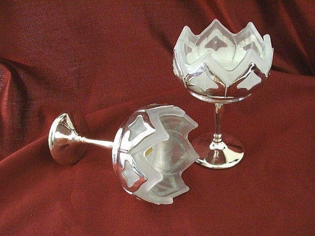 Matching Farberware/Westmoreland Silver Plate Compotes With Lotus Satin Glass Inserts Matching Farberware/Westmoreland Silver Plate Compotes With Lotus Satin Glass Inserts