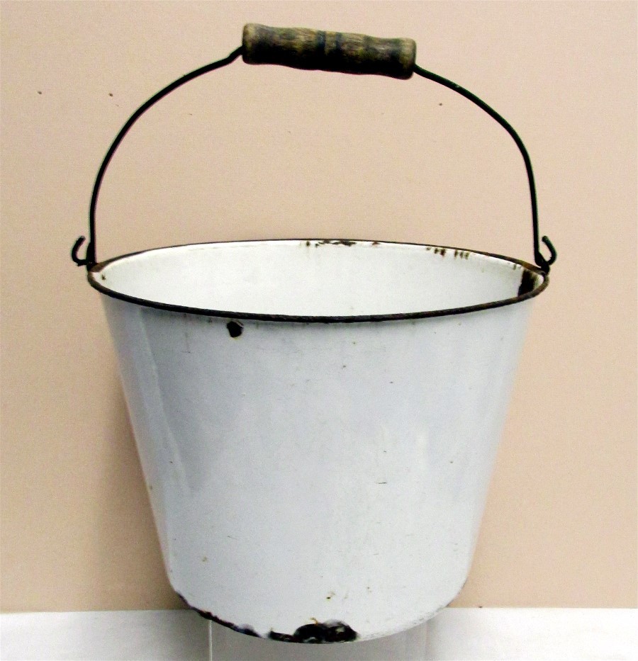 White Enamel Pail or Bucket Wire Bale and Wood Handle from drury on