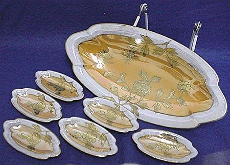 Luster Ware Relish Set Hand Painted Art Nouveau Six Servings Luster Ware Relish Set Hand Painted Art Nouveau Six Servings