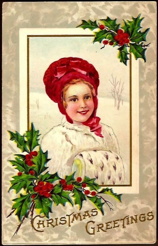 Vintage Post Card Christmas Greetings Girl in Red Hat with Muff Vintage Post Card Christmas Greetings Girl in Red Hat with Muff