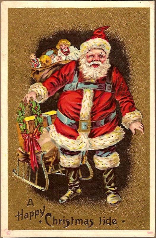 Vintage Post Card Christmas Greetings Santa in Red with Sleigh, Toys and Doll Vintage Post Card Christmas Greetings Santa in Red with Sleigh, Toys and Doll