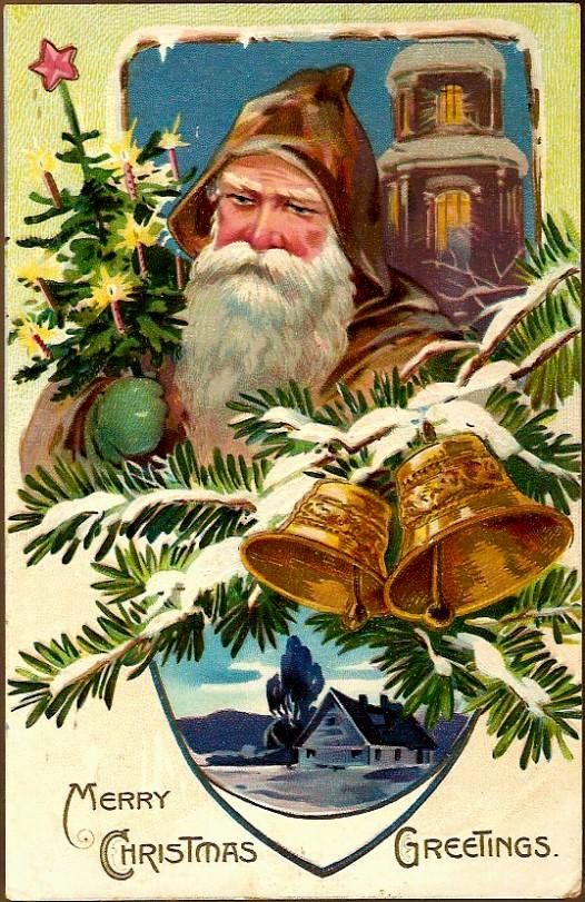 Vintage Post Card Tucks Santa in Brown with Tree and Bells Vintage Post Card Tucks Santa in Brown with Tree and Bells