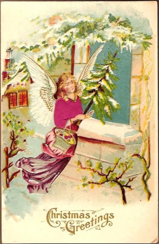 Vintage Post Card Silk Christmas Greetings Angel with Feather Tree Vintage Post Card Silk Christmas Greetings Angel with Feather Tree