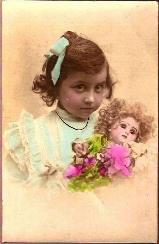 Vintage Post Card Real Photo Tinted Girl in Blue with Bisque Head Doll Vintage Post Card Real Photo Tinted Girl in Blue with Bisque Head Doll