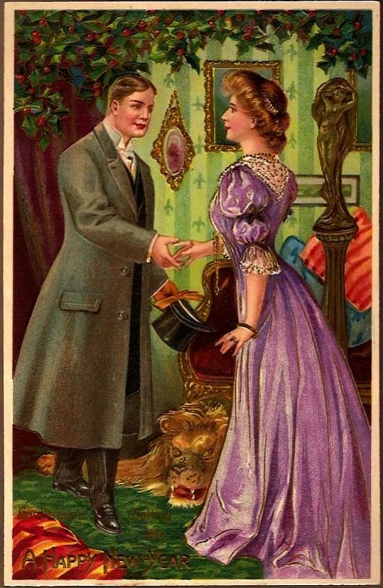 Vintage Post Card New Year Greetings Victorian Couple with Lion Rug Vintage Post Card New Year Greetings Victorian Couple with Lion Rug