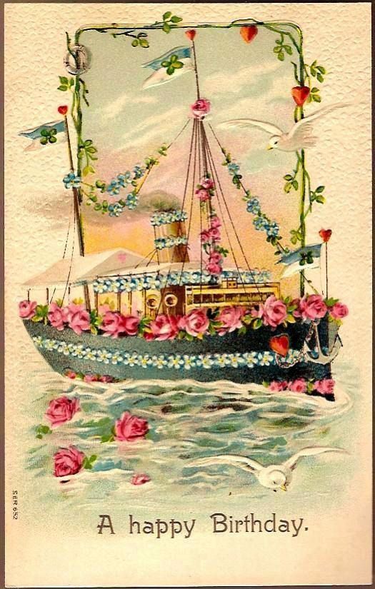 Vintage Post Card Birthday Greetings Forget-mt-not Ship with Doves Vintage Post Card Birthday Greetings Forget-mt-not Ship with Doves