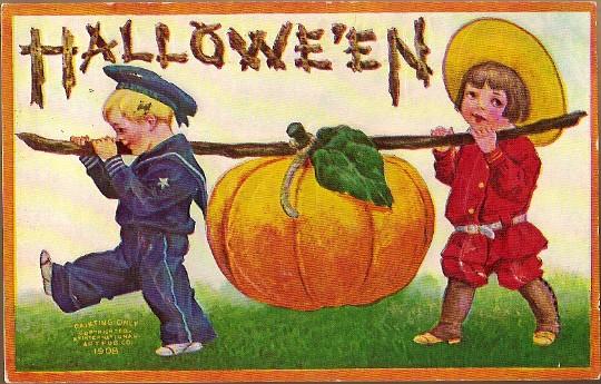 Vintage Post Card Halloween Greetings Boy and Girl with Pumpkin Vintage Post Card Halloween Greetings Boy and Girl with Pumpkin