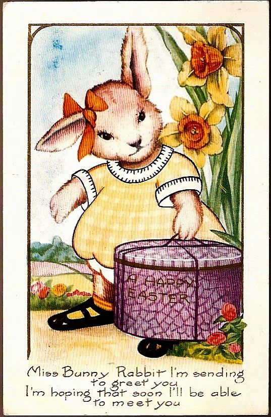 Vintage Post Card Easter Greetings Dressed Rabbit with Hatbox and Daffodils Vintage Post Card Easter Greetings Dressed Rabbit with Hatbox and Daffodils