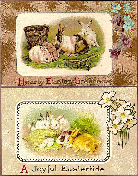 Vintage Post Cards Easter Greetings Rabbits with Rake, Baskets, Flowers and Eggs Vintage Post Cards Easter Greetings Rabbits with Rake, Baskets, Flowers and Eggs