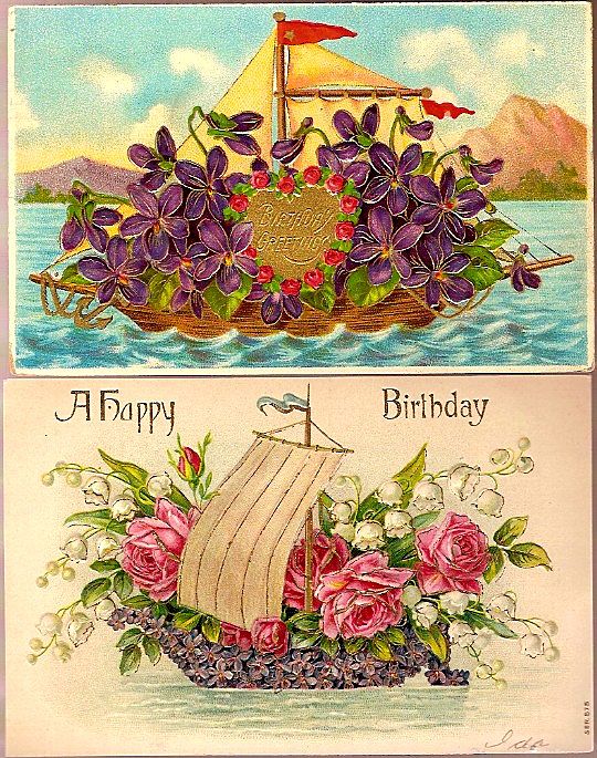 Vintage Post Cards Birthday Greetings Ships with Flowers (2) Vintage Post Cards Birthday Greetings Ships with Flowers (2)