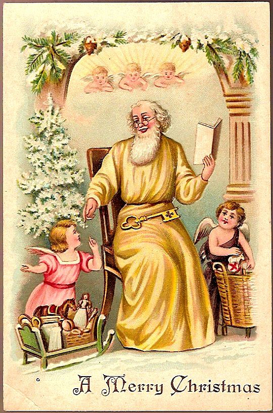 Vintage Post Card Christmas Greetings Santa in Yellow with Cherubs Vintage Post Card Christmas Greetings Santa in Yellow with Cherubs