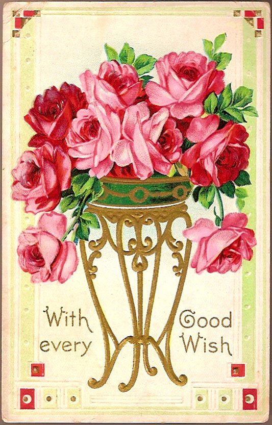 Vintage Post Card Greetings Red and Pink Roses in Flower Stand Vintage Post Card Greetings Red and Pink Roses in Flower Stand