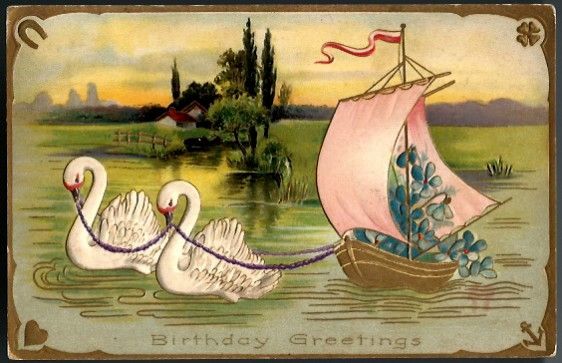 Vintage Post Card Birthday Greetings Swans with Boat Vintage Post Card Birthday Greetings Swans with Boat