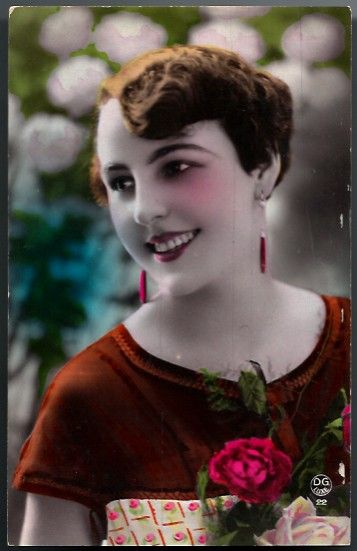 Vintage Post Card RPPC Tinted Flapper Lady with Flowers Vintage Post Card RPPC Tinted Flapper Lady with Flowers