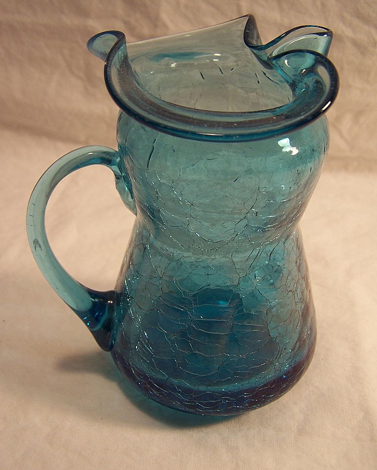 Handblown Blue Crackle Glass Pitcher Handblown Blue Crackle Glass Pitcher