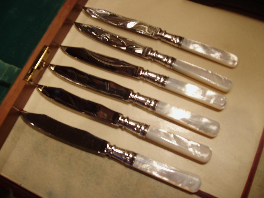John Hasselbring Mother of Pearl & Sterling Dessert Knives John Hasselbring Mother of Pearl & Sterling Dessert Knives