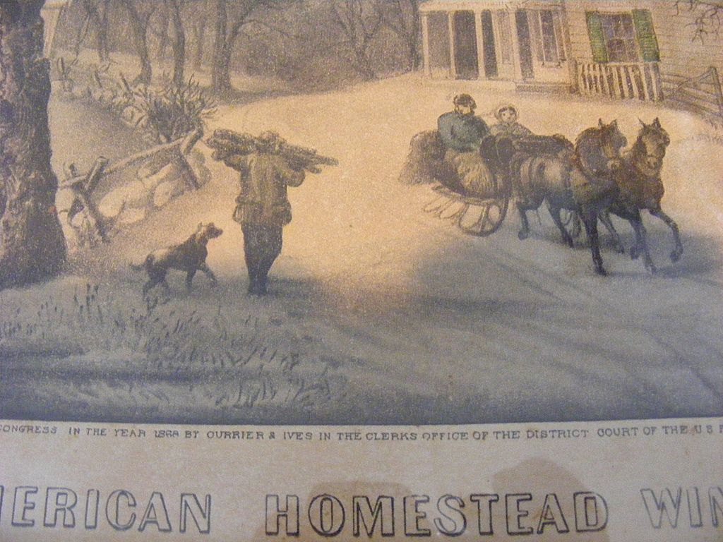 Antique 1868 Currier & Ives Hand Colored Lithograph "American Homestead Winter" Antique 1868 Currier & Ives Hand Colored Lithograph "American Homestead Winter"