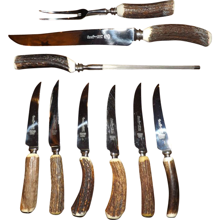 Lewis Rose & Co. Antler Handle Carving Set & Steak Knives from
