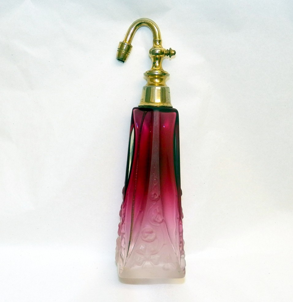 Marny France Cranberry to Clear Perfume Atomizer W/Embossed Floral Design Marny France Cranberry to Clear Perfume Atomizer W/Embossed Floral Design