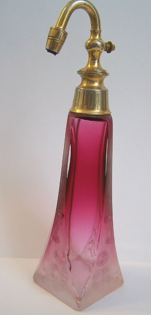 Marny France Cranberry to Clear Perfume Atomizer W/Embossed Floral Design Marny France Cranberry to Clear Perfume Atomizer W/Embossed Floral Design