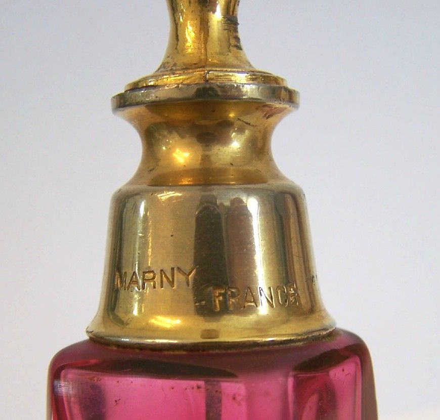 Marny France Cranberry to Clear Perfume Atomizer W/Embossed Floral Design Marny France Cranberry to Clear Perfume Atomizer W/Embossed Floral Design